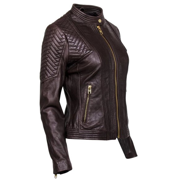 MICHAEL Michael Kors Women’s Brown 100% Leather Moto Jacket in Small - Picture 1 of 16